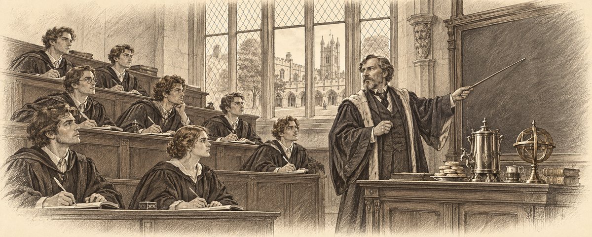 A lecture at King Ethelred’s College: gowned students, a lecturer at a blank blackboard, and a tea urn on the bench