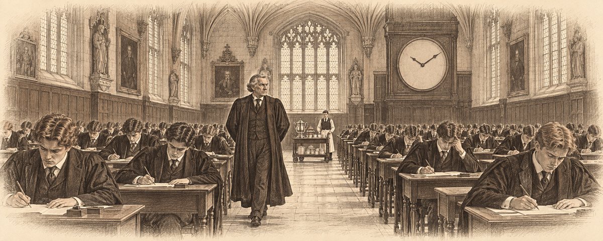 The examination hall: candidates in gowns at single desks, an invigilator pacing, a large clock, and a tea trolley coming down the aisle