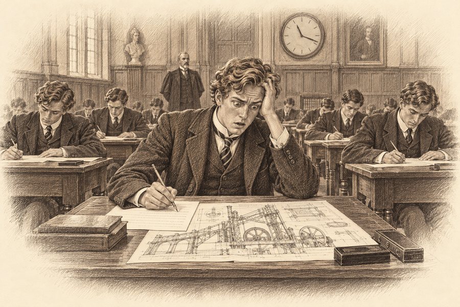 A candidate staring at the drawing with dawning horror, pencil frozen, while those either side write confidently