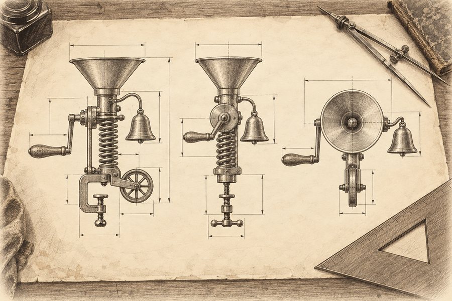 Figure 1: an engineering drawing in three views of an object with a crank, a funnel, a spring, a small bell, a clamp and a wheel
