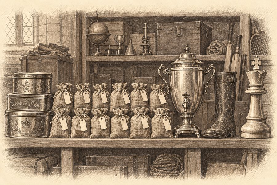 A storeroom shelf of catalogued objects with tie-on labels: hessian sacks, biscuit tins, a tea urn, a wellington boot and a chess king