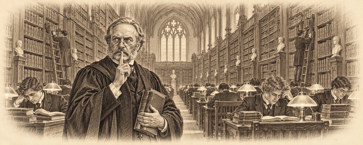 The Æthelred Library of Useful Numbers: a long galleried library with readers at lamp-lit desks, and the Sub-Librarian with a finger to his lips