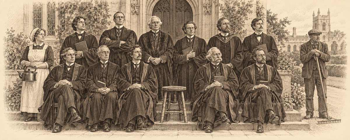 The Fellows of King Ethelred’s College posed on the hall steps, with Mrs Partridge and her kettle at one end, Mr Stobbs on the path, and an empty workshop stool in the front row