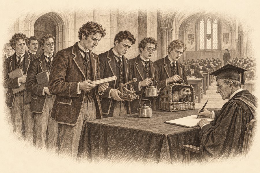 Students filing into the examination hall past a table where each surrenders an item: a slide rule, a catapult, a kettle and a ferret in a basket