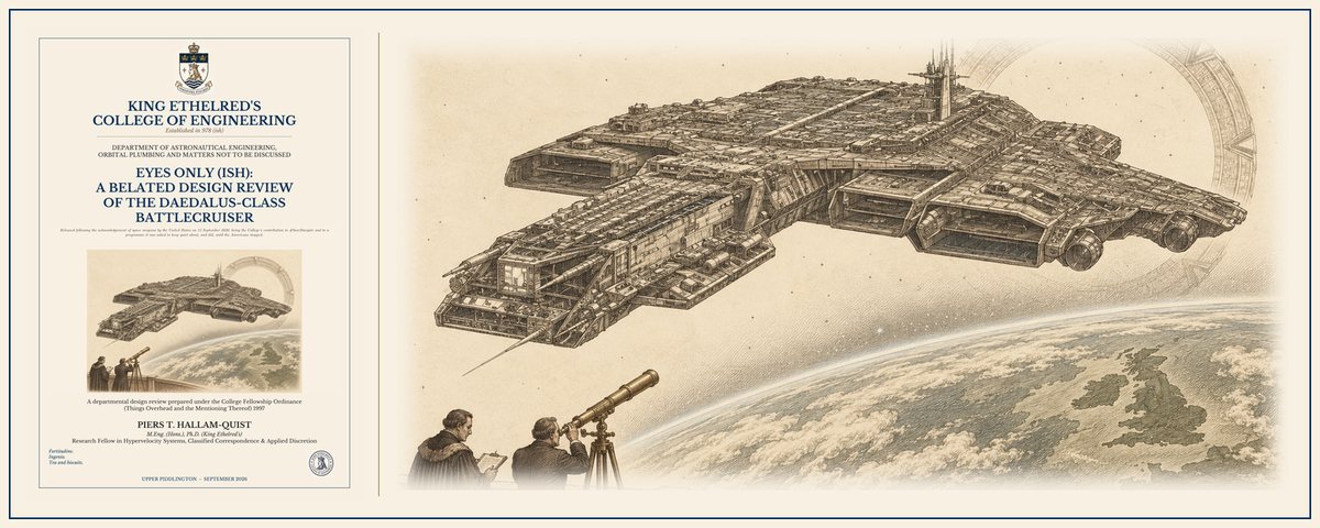 Cover and illustration of the paper: Eyes Only (ish): A Belated Design Review of the Daedalus-Class Battlecruiser