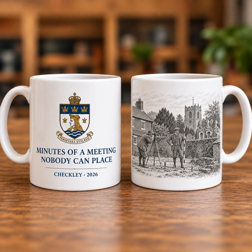 King Ethelred’s Checkley commemorative mug showing the College crest and thesis title to the front and the Red Lion survey drawing to the reverse