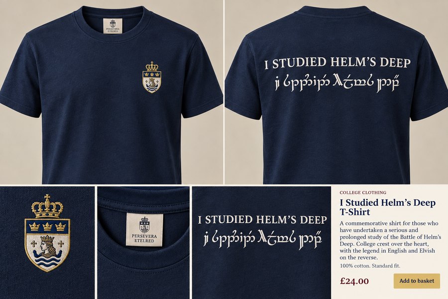 Navy T-shirt with the College crest on the chest and I Studied Helm’s Deep in English and Elvish on the back